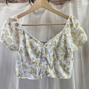 Hollister Women's Crop‎ Top Yellow Floral Size Small Puff Sleeves